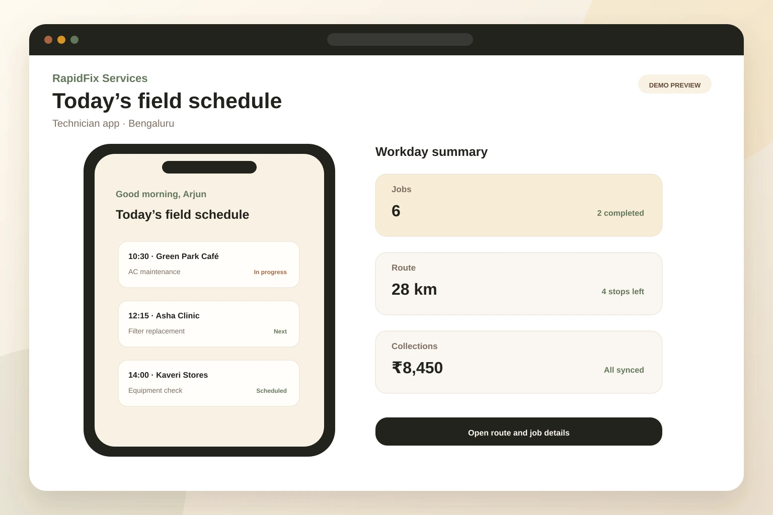 Demo field-service mobile app with jobs, route distance, collections, and customer visits