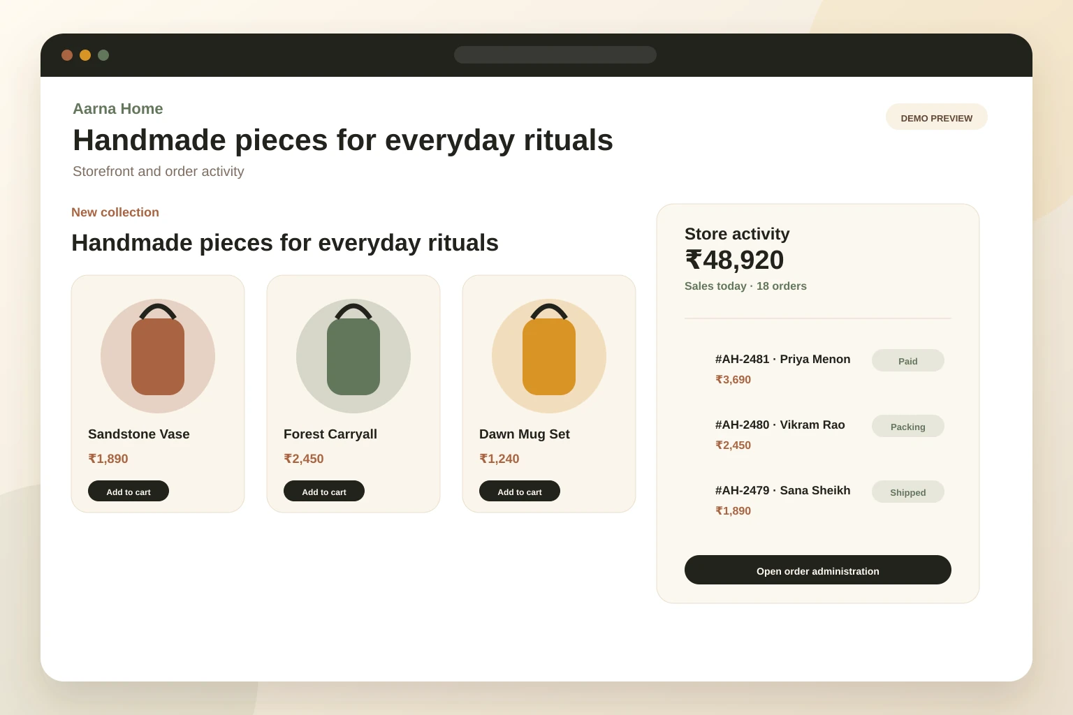 Demo online storefront with populated products, recent orders, and sales activity