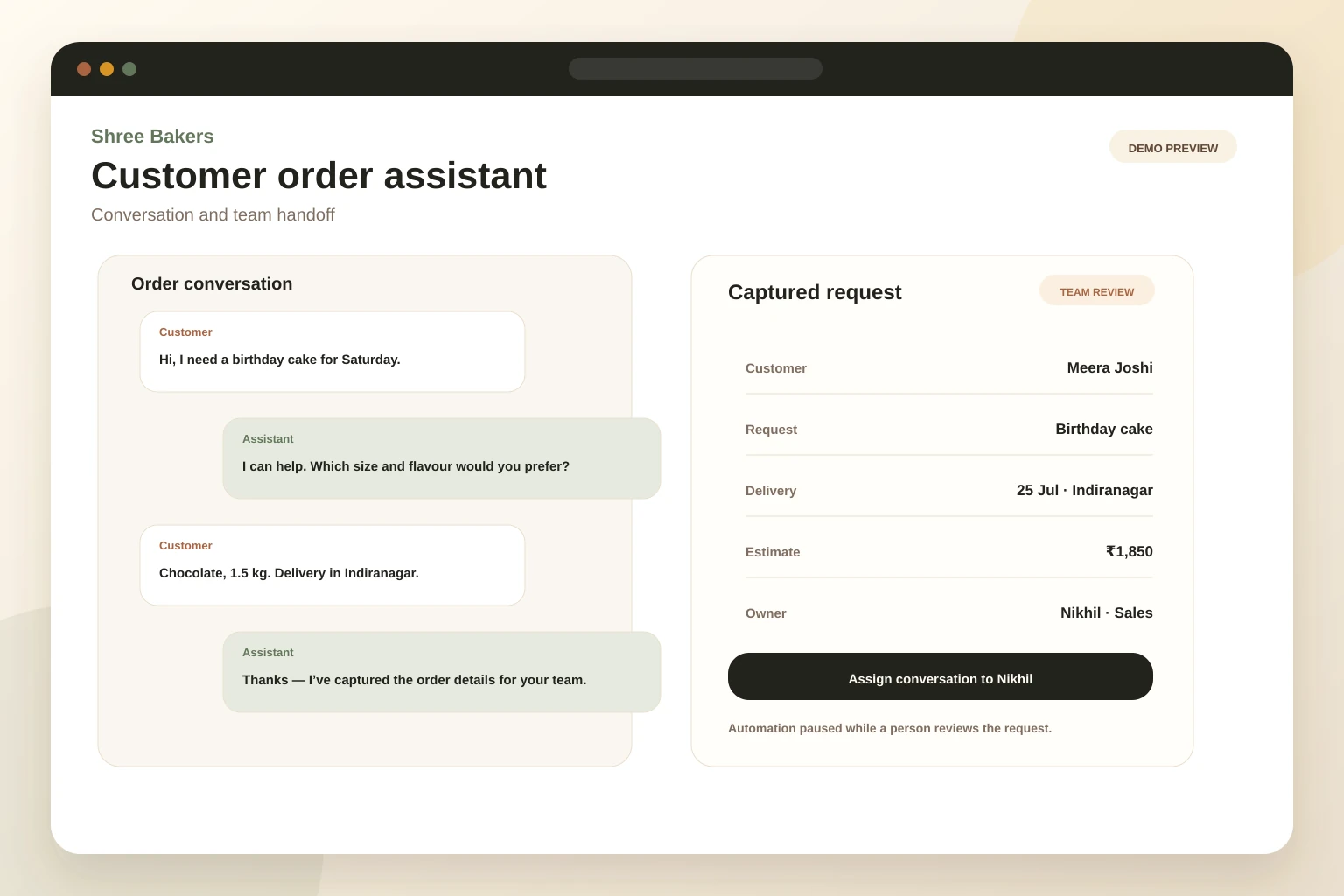 Demo customer-order assistant with a populated conversation, captured details, and team handoff