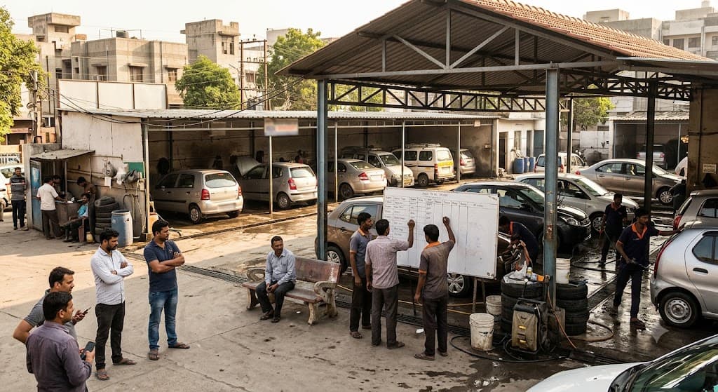 A busy Indian car wash with multiple bays, waiting vehicles, staff, and customers