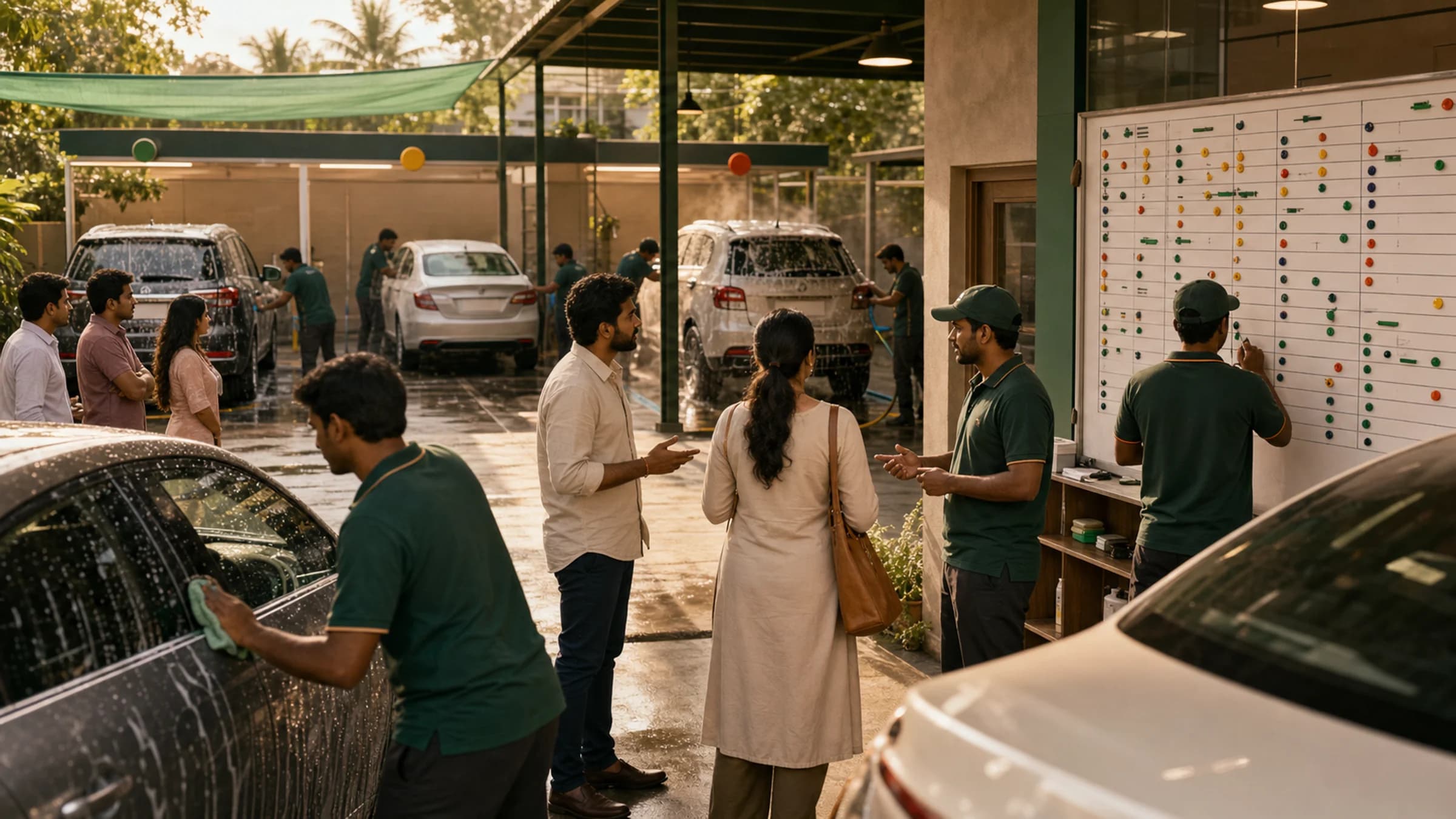 Car-wash staff coordinating a crowded whiteboard while customers wait for estimates