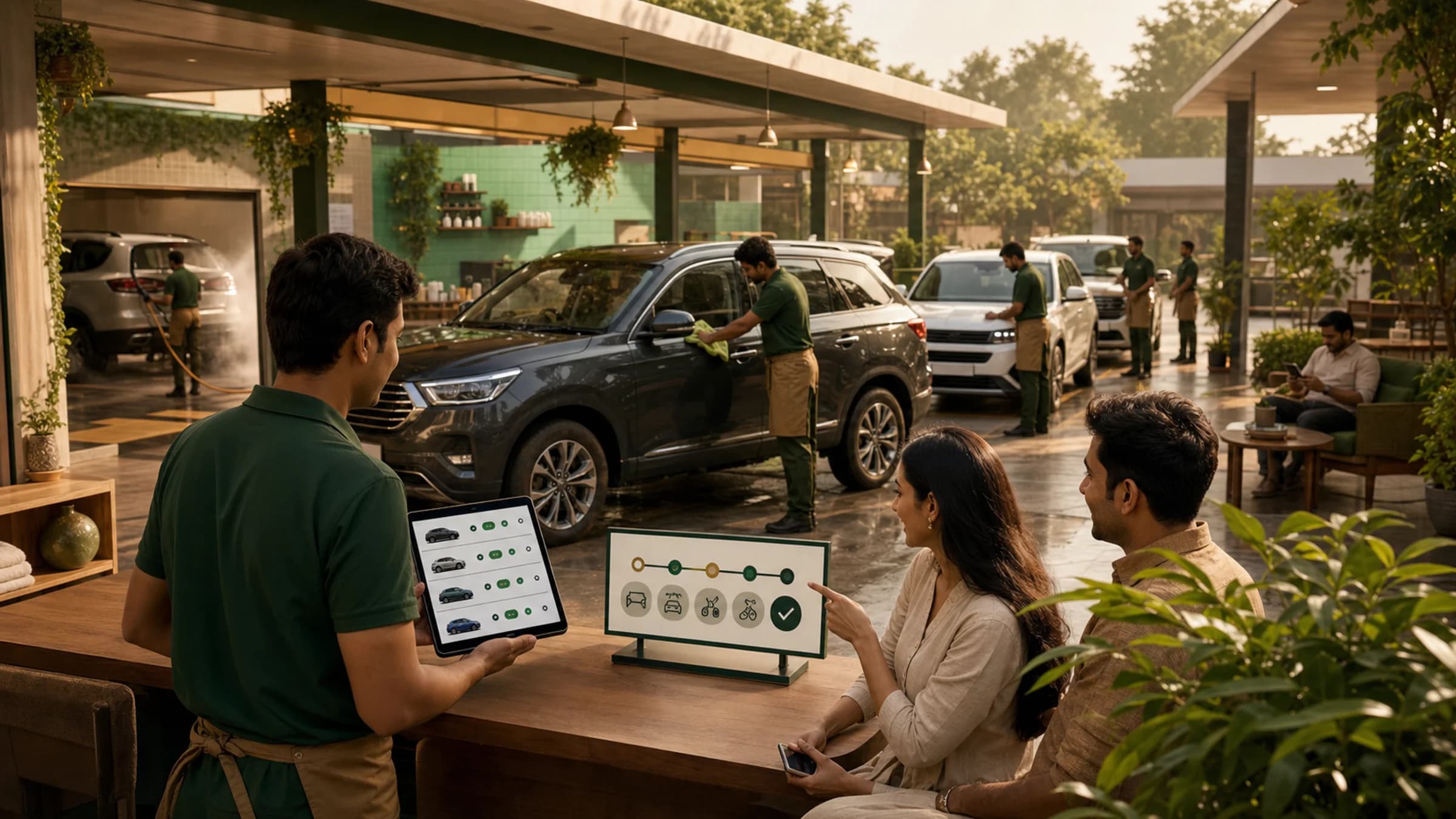An orderly car wash where customers and staff can see each vehicle's progress