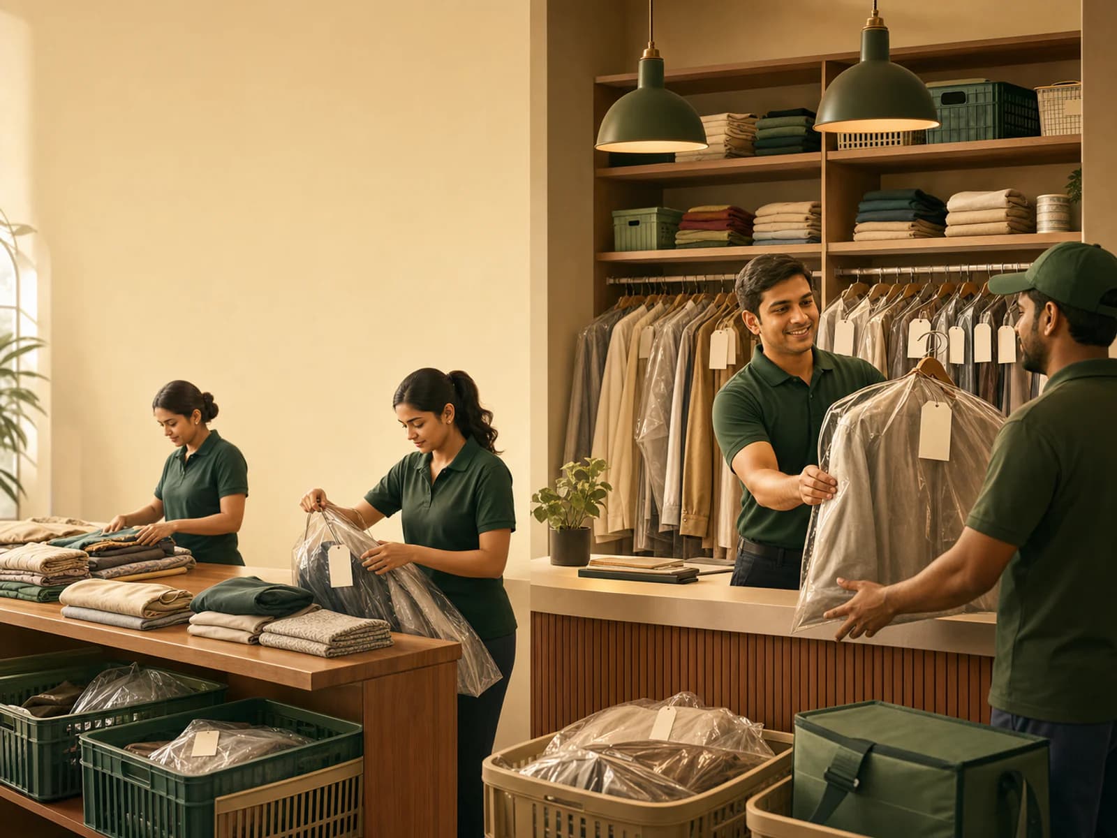 A modern laundry collection point where staff sort and hand off tagged garment bags