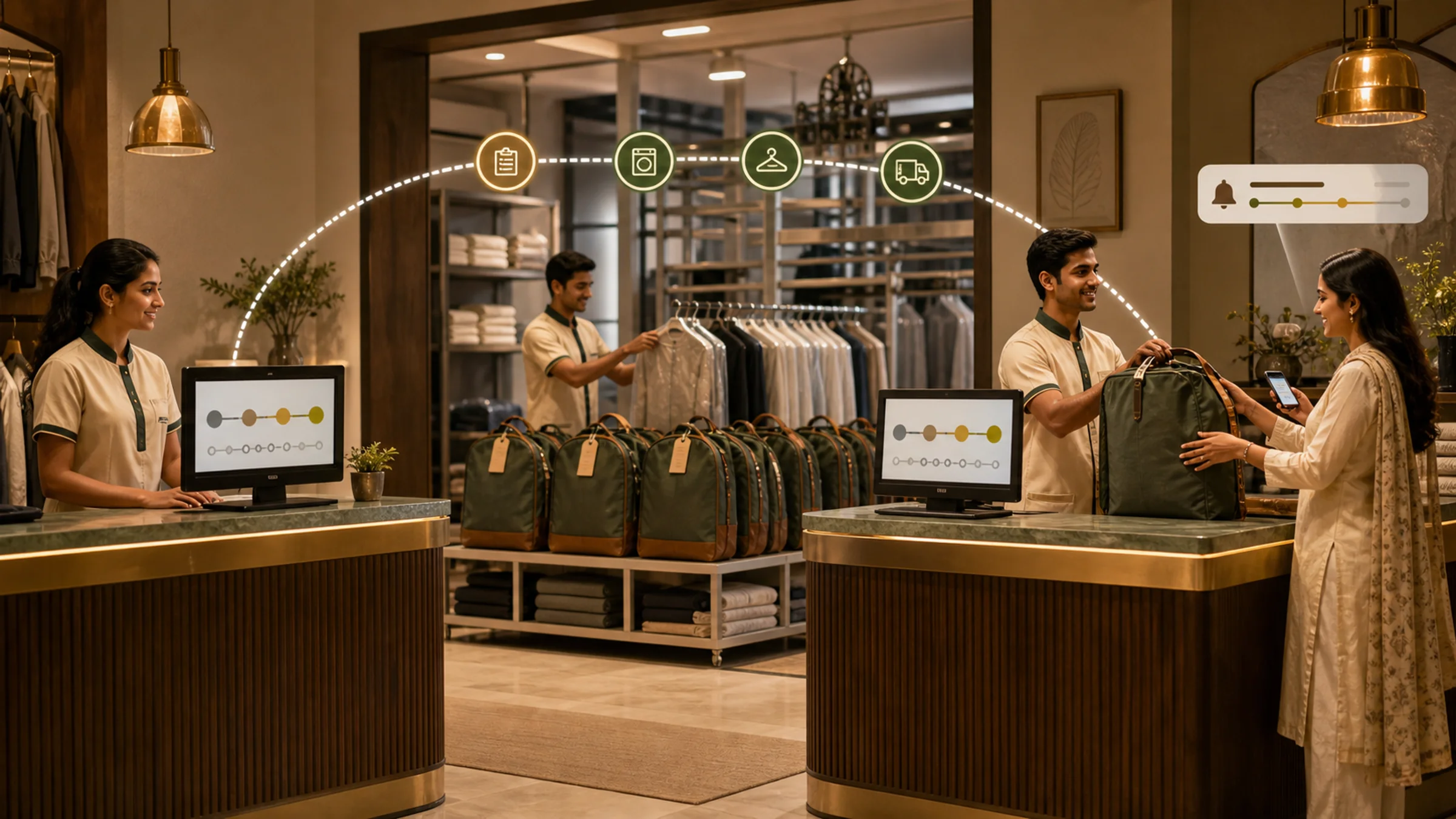 Two laundry counters sharing the same order status while a customer receives a delivery update