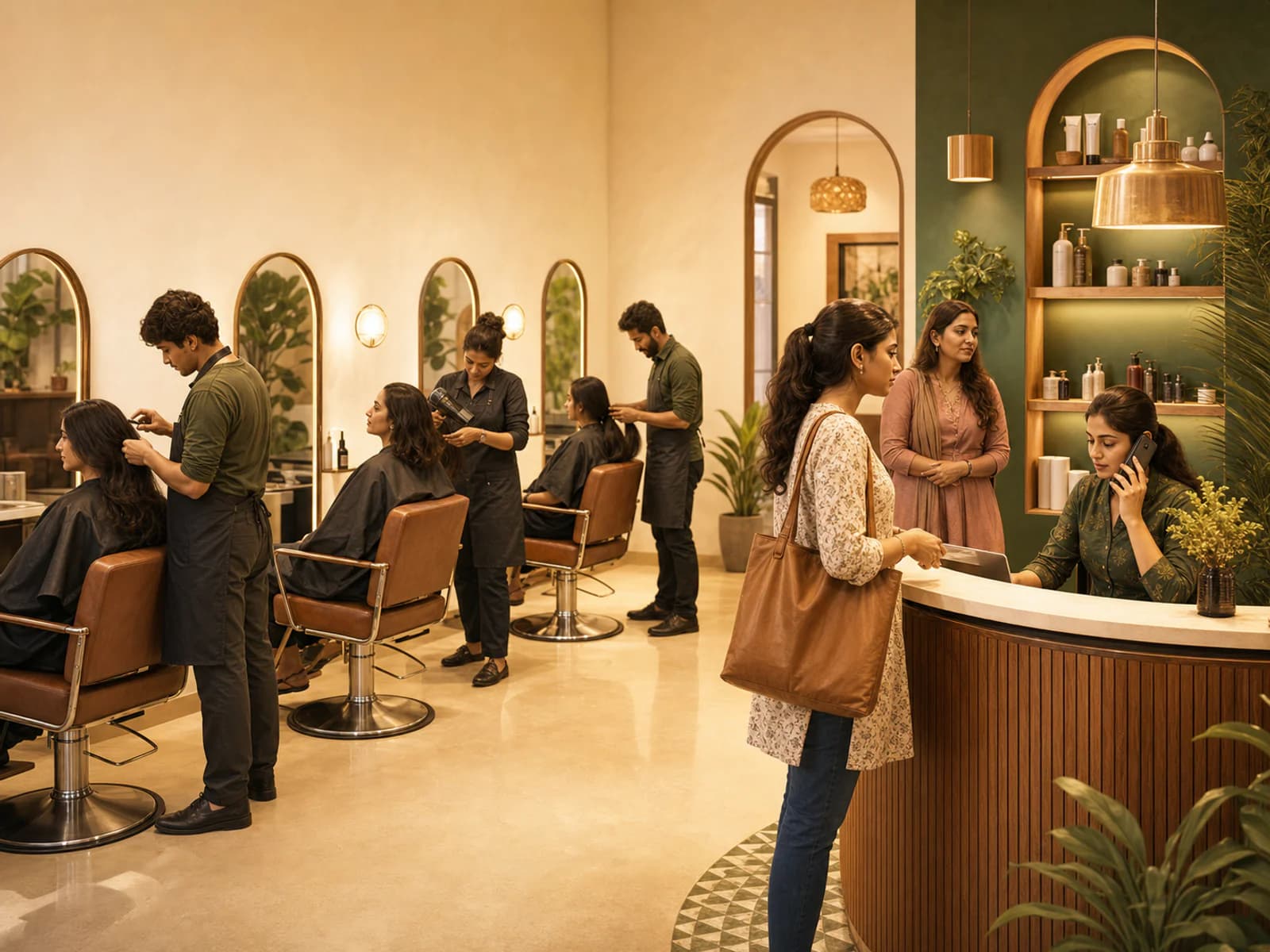 A busy Indian salon with clients, stylists, and a receptionist coordinating appointments