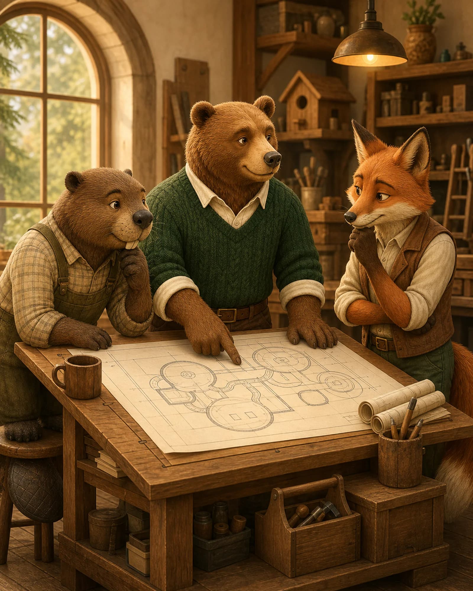 Bear explaining an abstract honey-house blueprint to two woodland engineers