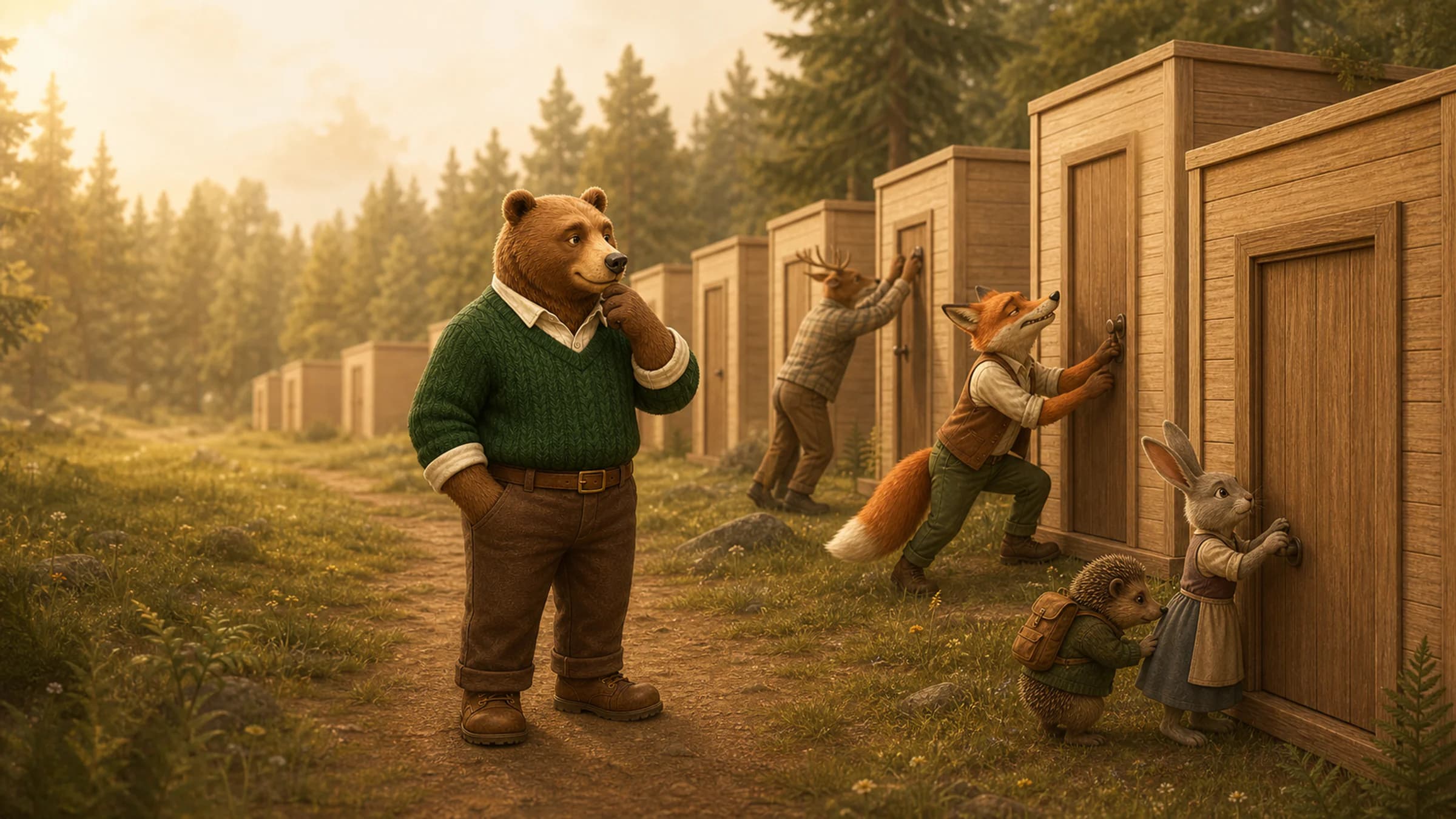 Bear recognizing that woodland neighbors struggle with identical square homes