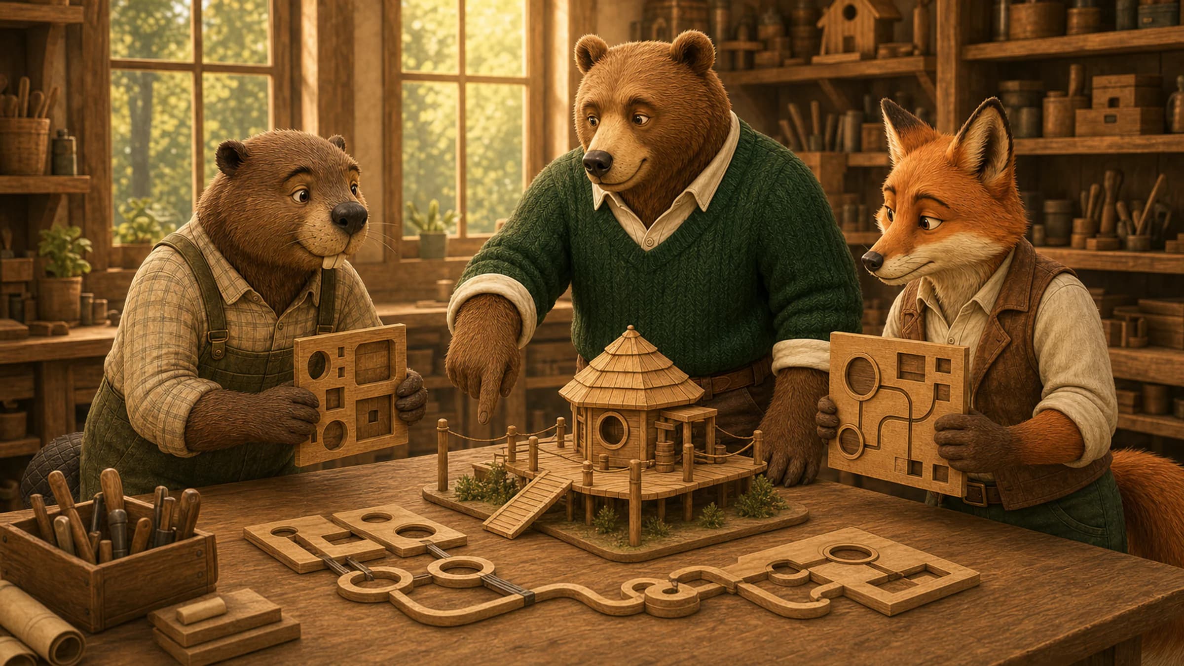 Bear and woodland engineers reviewing a honey-house model and modular panels